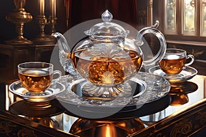 ÃÂ¡rystal teapot with tea leaves on a metal tray and two transparent cups of tea on table with mirror surface photo
